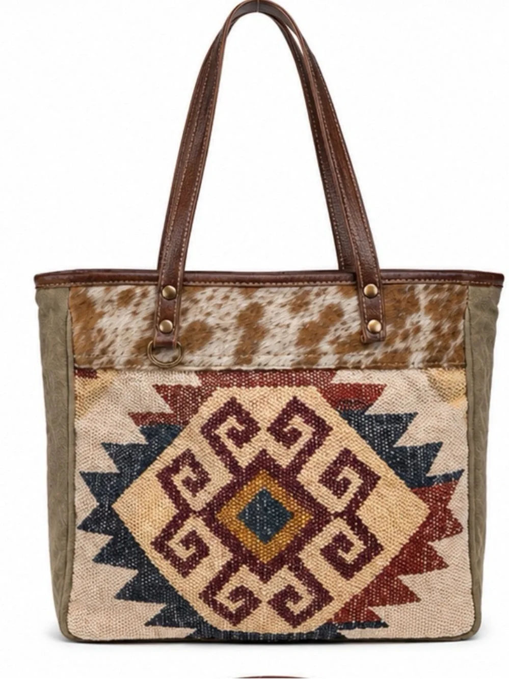 Myra Bag Southwestern Woven Rug Hair-On Hide Canvas Leather Tote